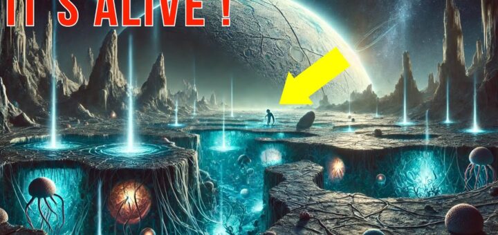 Surreal landscape of Uranus's moon Miranda featuring a figure, glowing structures, and a large celestial body in the background.