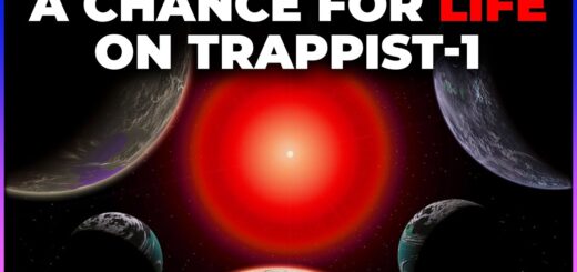 Illustration of the Trappist-1 exoplanet system with planets orbiting a red dwarf star, highlighting potential for life.