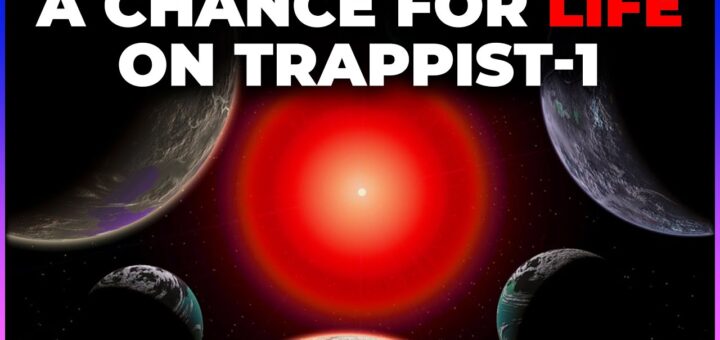 Illustration of the Trappist-1 exoplanet system with planets orbiting a red dwarf star, highlighting potential for life.