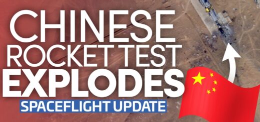 Aerial view of a Chinese rocket test site with an explosion, featuring the Chinese flag and text overlay about the spaceflight update.