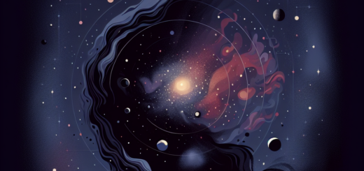 A vibrant cosmic galaxy illustration featuring various planets, stars, and a central glowing star in a dark space background.