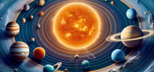 Detailed illustration of the solar system featuring the sun and various planets including Jupiter, Saturn, and Earth in orbit.